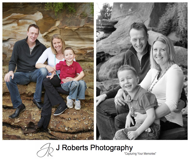 Family of 3 portrait on the beach in mosman - sydney family portrait photographer